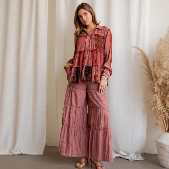 Young Threads Pants - YTS6- Elegant Garnet Jhabla patchwork top, Wide-Leg Pants, or kimono